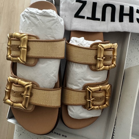 SCHUTZ Enola Natural Sporty Slide Sandals Women's Gold Buckle Sandals Size 8.5 - Picture 10 of 11